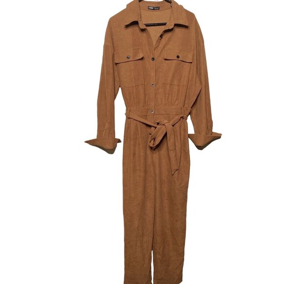 Shein Women Brown Long Sleeve Utility Jumpsuit XL Belted Button Front Ribbed - Picture 1 of 8